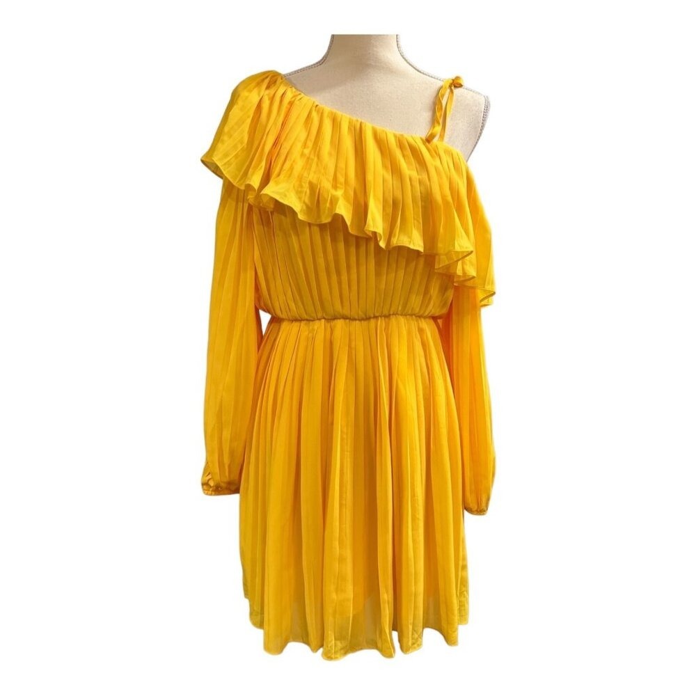 Endless Rose Dress Yellow Pleated Chiffon Ruffle One Shoulder Mini Size M Event